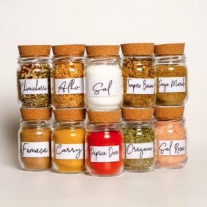 Kit 10 Potes de Tempero 200ml + Cartela com 42 Adesivos | Porta Tempero de Vidro | Pote para Tempero