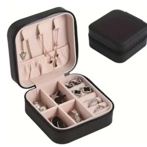 Porta Jóias Viagem Portátil em PU, Organizador Compacto com Ganchos para Colares, Divisórias para Colares, Anéis e Brincos, 10x10x5cm,com Zíper Estojo Organizador de Joias para Viagem